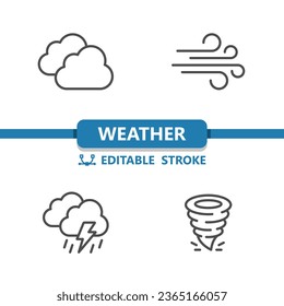 Wettersymbole. Wolke, Wind, Sturm, Regen, Blitz, Tornado Vektorsymbol. Bearbeitbarer Stroke.