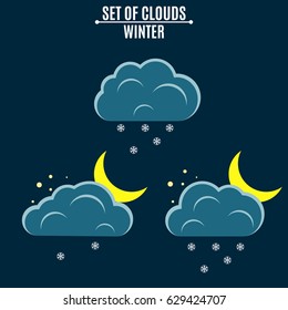 Weather icons. Clouds with snowflakes. A month in the night. Winter vector illustration in a flat style. Falling snow. Environment. EPS 8