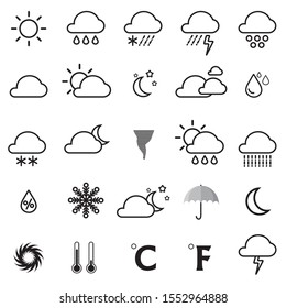 Weather Icons (Clouds ,Sun ,Moon ,Storm ,Thunder ,Snow Flake,Rain ,Star ,Umbrella ,Droplets ,Thermometer) Collection Set Isolated On White Background.Design For Web Icon ,Mobile Application ,UI.Vector