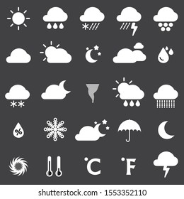 Weather icons (Clouds ,Sun ,Moon ,Tornado storm ,Thunder ,Snow flake,Rain ,Star ,Umbrella ,Droplets ,Thermometer) set isolated on dark background.Design for web icon ,Mobile application ,UI.Vector.