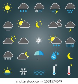 Weather icons (Clouds ,Sun ,Moon ,Tornado storm ,Thunder ,Snow flake,Rain ,Star ,Umbrella ,Droplets ,Thermometer ,Fog) set on dark background.Design for web icon ,Mobile application ,UI.Vector.