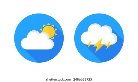 Weather icons. Cloudy and sunny, Thunderstorm icons. Flat style. Vector icons.