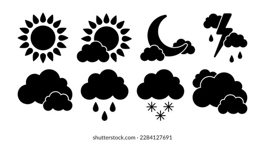Weather icons collection. Black vector elements on white background. Best for seamless patterns, decoration,  and your design.