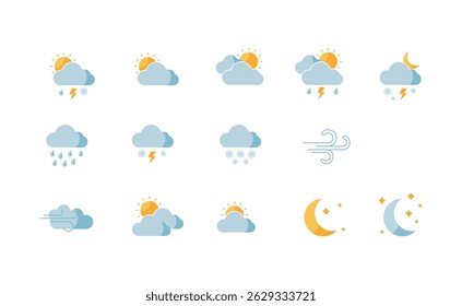 Weather icons. Collection of weather forecast icons in modern style. Cloud logos. Weather, clouds, sunny day, moon, snowflakes, wind, sunny day. Vector illustration.