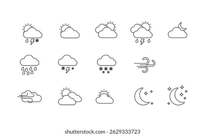 Weather icons. Collection of weather forecast icons in modern style. Cloud logos. Weather, clouds, sunny day, moon, snowflakes, wind, sunny day. Vector illustration.