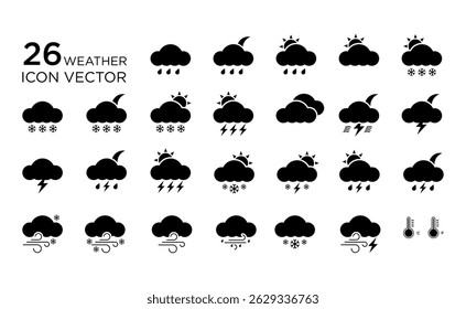Weather icons. Collection of weather forecast icons in modern style. Cloud logos. Weather, clouds, sunny day, moon, snowflakes, wind, sunny day. Vector illustration.