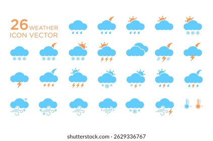 Weather icons. Collection of weather forecast icons in modern style. Cloud logos. Weather, clouds, sunny day, moon, snowflakes, wind, sunny day. Vector illustration.