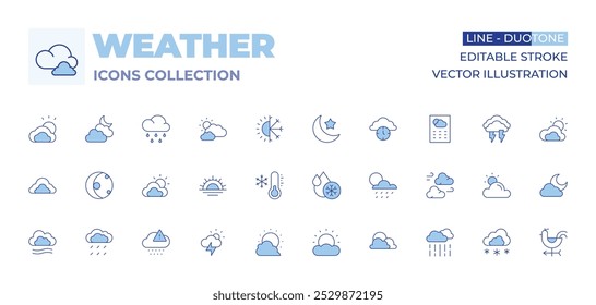 colección de iconos de Clima. Línea estilo Duotone, carrera editable. nublado, agua fría, fase lunar, tiempo, puesta del sol, temperatura, Clima, lluvia, nubes, noche nublada, luna, nube.