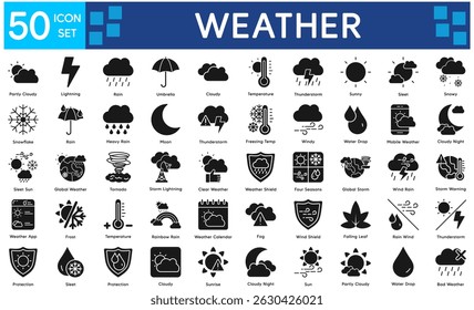 Weather Icons Collection related to Forecast, Climate, Meteorology, Temperature, Rain, Cloudy, Sunny, Snow, Wind, Storm, Lightning, Thunder, Sleet.