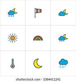 Weather icons colored line set with moonbeam, twilight, midnight and other scale elements. Isolated vector illustration weather icons.