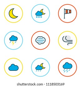 Weather icons colored line set with midnight, windy, clouded and other freeze elements. Isolated vector illustration weather icons.