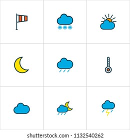 Weather icons colored line set with raindrop, midnight, degree and other flag elements. Isolated vector illustration weather icons.