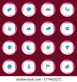 Weather icons colored set with breeze, rainstorm, snowy raining and other rainstorm elements. Isolated vector illustration weather icons.