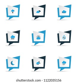 Weather icons colored set with cloudy sky, moon, stormy and other cloudy sky elements. Isolated vector illustration weather icons.