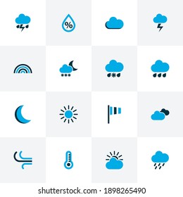 Weather icons colored set with moon, snowfall, drizzle and other thunderstorm elements. Isolated vector illustration weather icons.