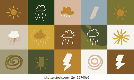 Weather icons depict conditions in patterned background representing forecasts
