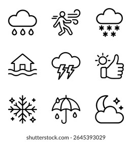 Weather icons depicting varied conditions. Icon symbol illustration
