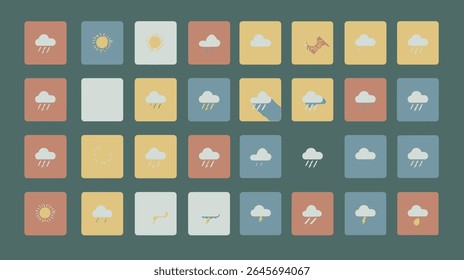 Weather icons display conditions forecast in simple square designs