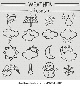 Weather icons drawn set. Vector illustration of sun, moon, star, cloud, rain, lightning,wind, snow, rainbow, star, umbrella