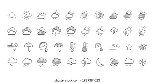 Weather icons. Drawn weathers icons. Weather icons sun and clouds in sky, rain with snow, thunder and lightning. Vector illustration