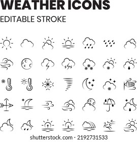 Weather Icons Editable Set - 35 outline icons