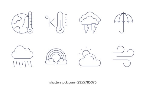 Weather icons. Editable stroke. Containing umbrella, wind, thunder, weather, kelvin, rainbow, global warming, rain.
