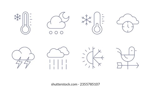 Weather icons. Editable stroke. Containing cold, lightning, time, weather vane, temperature, weather, hail, rain.
