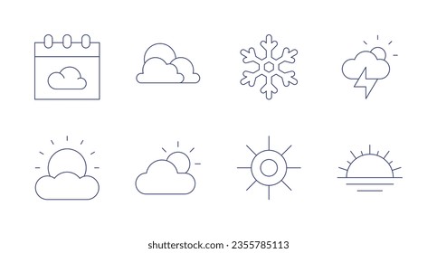 Weather icons. Editable stroke. Containing calendar, cloudy, storm, sunset, snowflake, sun.
