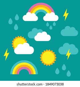 weather icons featuring cute clouds, rainbows, raindrops, lightning bolts and sunshine