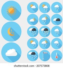 Weather icons. Flat design style modern vector illustration. Isolated on stylish color background. Flat long shadow icon. Elements in flat design.