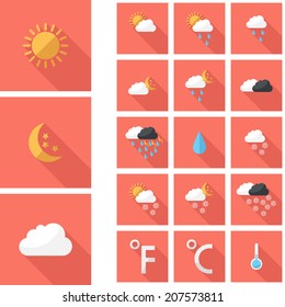 Weather icons. Flat design style modern vector illustration. Isolated on stylish color background. Flat long shadow icon. Elements in flat design.