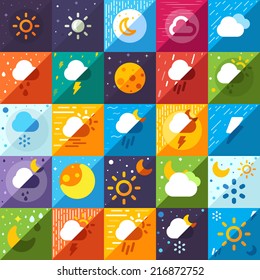 Weather icons flat set. 25 beautiful icons for your design. Sunny weather, rainy weather, snowy weather, stormy weather, cloudy weather, night, moon, snowflakes, thunder, storm, wind, foggy.