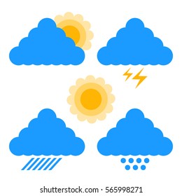 Weather icons in flat style isolated on the white background. Cloud, sun, rain, thunder and snow icons. Weather sky symbols. Good for web / mobile design. Vector.