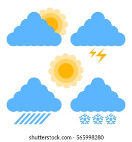 Weather icons in flat style isolated on the white background. Cloud, sun, rain, thunder and snow icons. Weather sky symbols. Good for web / mobile design. Vector.