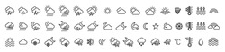 Weather Icons. Weather Forecast Icon Set. All Seasons Weather Icon. Weather, Rain, Snowflakes, Thunderstorm, Sunny, Cloudy, Wind, Daylight, Night, Temperature, Rainbow, Sun, Moon. Vector Illustration