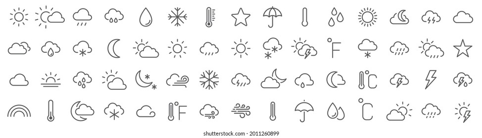 Wettersymbole. Wettervorhersage Symbol gesetzt. Logo der Wolken. Wetter, Wolken, Sonnentag, Mond, Schneeflocken, Wind, Sonnentag. Vektorgrafik.