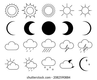 Weather icons. Weather forecast icon set. Clouds logo. Weather , clouds, sunny day, moon, snowflakes, sun day. Vector illustration.