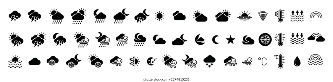 Weather icons. Weather forecast icon set. All seasons weather icon. Weather, rain, snowflakes, thunderstorm, sunny, cloudy, wind, daylight, night, temperature, rainbow, sun, moon. Vector illustration