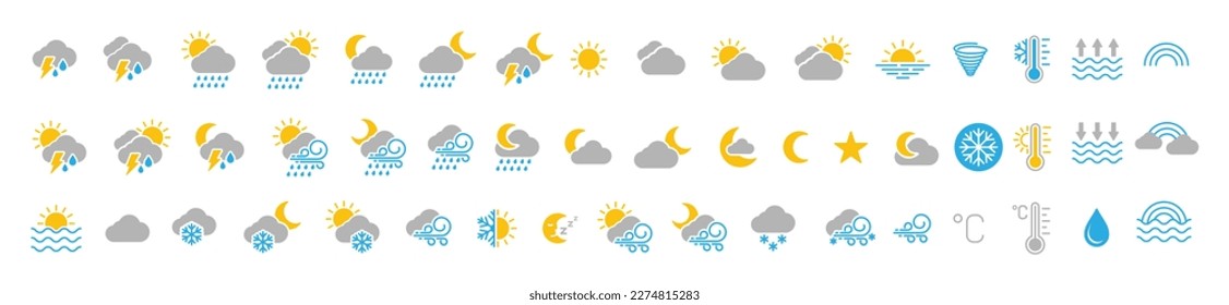 Weather icons. Weather forecast icon set. All seasons weather icon. Weather, rain, snowflakes, thunderstorm, sunny, cloudy, wind, daylight, night, temperature, rainbow, sun, moon. Vector illustration