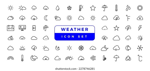 Weather icons. Weather forecast icon set. Clouds logo. Weather , clouds, sunny day, moon, snowflakes, wind, sun day. 
