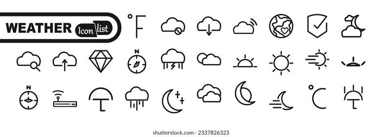 Weather icons. Weather forecast icon set. Clouds logo. Weather , clouds, sunny day, moon, snowflakes, wind, sun day. Vector illustration.	