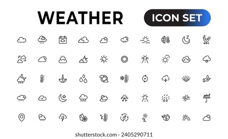 Weather icons. Weather forecast icon set. Clouds logo. Weather , clouds, sunny day, moon, snowflakes, wind, sun day. Vector illustration.
