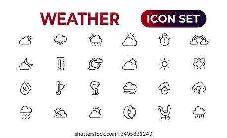 Weather icons. Weather forecast icon set. Clouds logo. Weather , clouds, sunny day, moon, snowflakes, wind, sun day. Vector illustration.
