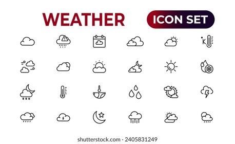 Iconos meteorológicos. Conjunto de iconos de pronóstico del tiempo. Logo de las nubes. Clima, nubes, día soleado, luna, copos de nieve, viento, sol. Ilustración vectorial.
