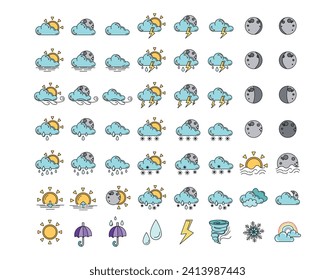 Weather icons. Weather forecast icon set. Clouds logo. Weather, clouds, sunny day, moon, snowflakes, wind, sunny day. Vector illustration. Colored icons.