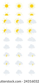 Iconos meteorológicos. Conjunto de iconos de previsión meteorológica. Diseño web, nubes, día soleado, lluvia, copos de nieve, sol. Diseño plano. Ilustración vectorial.