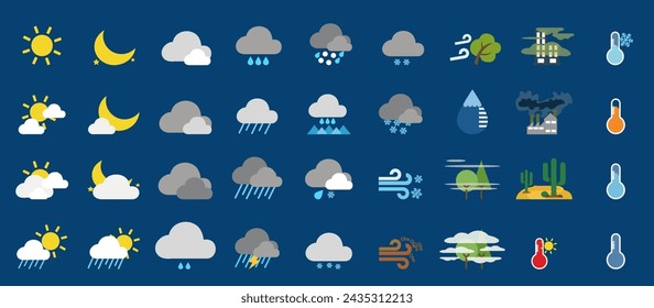 Weather icons. Weather forecast icon set. All seasons weather icon. Weather, rain, snowflakes, thunderstorm, sunny, cloudy, wind, daylight, night, temperature, rainbow, sun, moon. Vector illustration