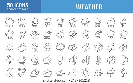 Weather icons. Weather forecast icon set. Clouds logo. Weather , clouds, sunny day, moon, snowflakes, wind, sun day. Vector illustration.