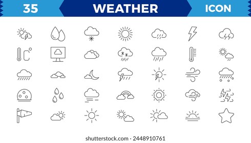 Weather icons. Weather forecast icon set. Clouds logo. Weather , clouds, sunny day, moon, snowflakes,Sun, rain, thunder storm, dew, wind, sun day. Vector illustration
