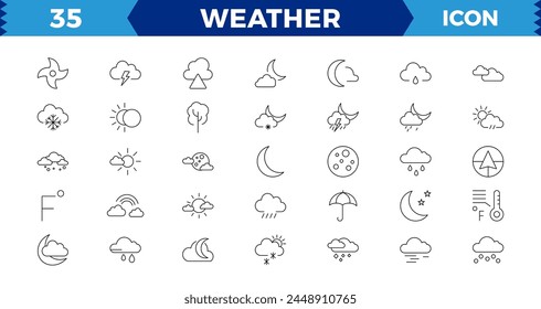 Weather icons. Weather forecast icon set. Clouds logo. Weather , clouds, sunny day, moon, snowflakes,Sun, rain, thunder storm, dew, wind, sun day. Vector illustration
